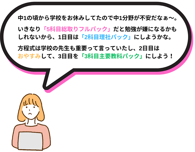 中1の頃から学校をお休みしてたので中1分野が不安だなぁ～。いきなり「5科目総取りフルパック」だと勉強が嫌になるかもしれないから、1日目は「2科目理社パック」にしようかな。方程式は学校の先生も重要って言っていたし、2日目はおやすみして、3日目を「3科目主要教科パック」にしよう！